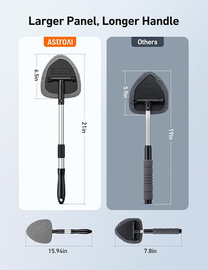 AstroAI Windshield Cleaner Tool, Car Interior Window Detailing Cleaning Kit with Extendable Handle and 4 Easy-to-Install Reusable Microfiber Pads, Auto Glass Wiper Brush Kit for Car&Home, Gray, 21in