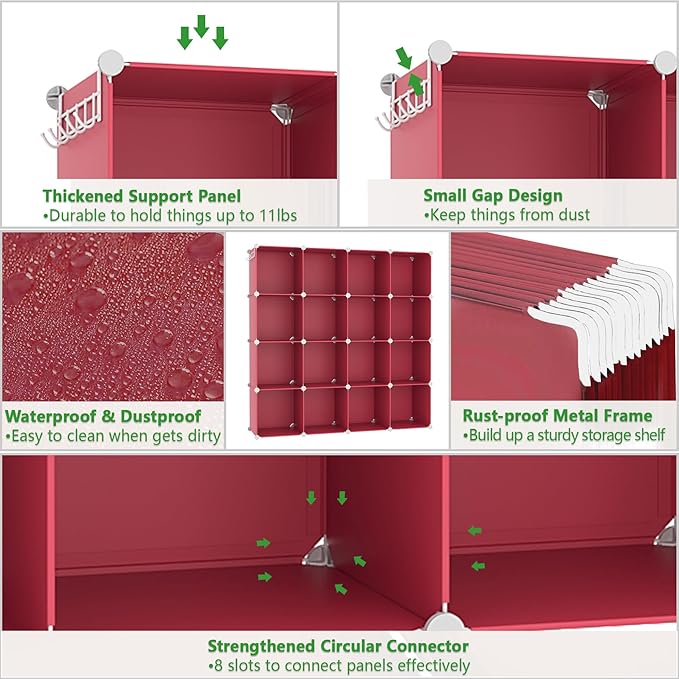 C&AHOME Cube Storage Organizer, 16-Cube Shelves Units, Plastic Storage Cubes, DIY Closet Organizer, Modular Closet Storage Shelves Ideal for Home, Bedroom, 48.4" L × 12.4" W × 48.4" H Red UPCS16R