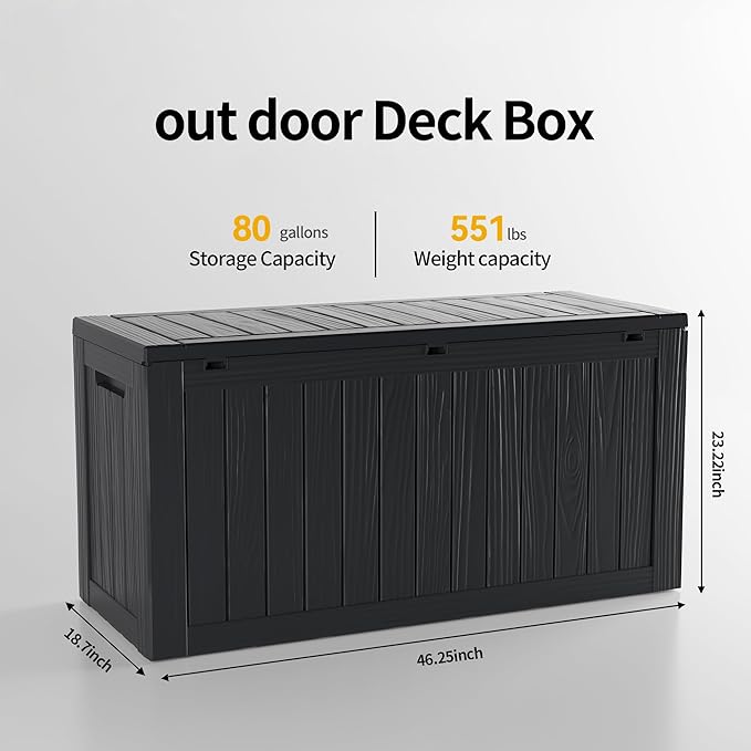 Outdoor Storage Box, 80 Gallon Resin Deck Box Waterproof for Patio Furniture, Garden Tools and Pool Accessories, Lockable UV-Resistant Storage Bin Bench Cabinet for Outside, Black