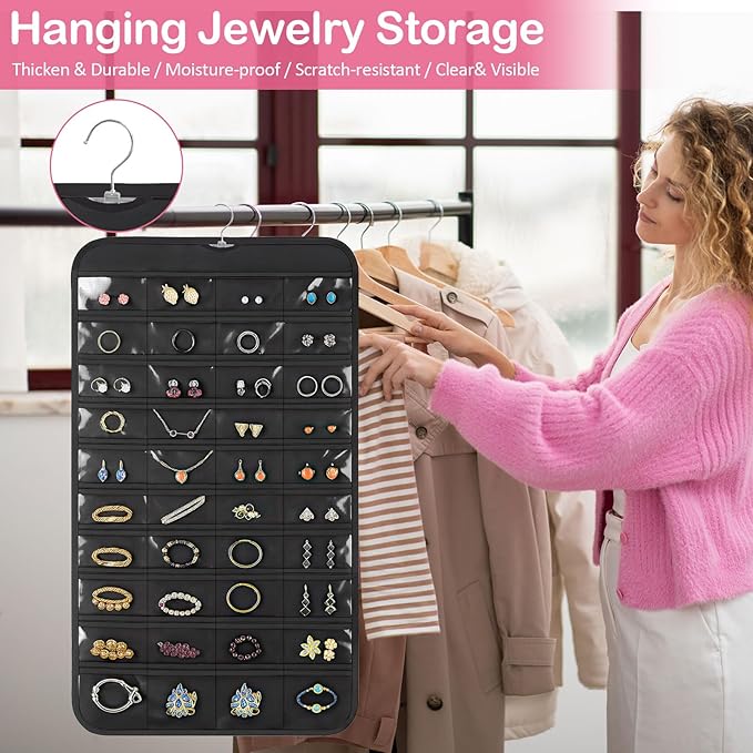 Hanging Jewelry Organizer for Closet with Swiveling Hanger, 17 x 30 In, 80 Clear Pockets Jewelry Organizer Hanging for Jewelries, Earrings, Accessories (Beige) (2, Black)