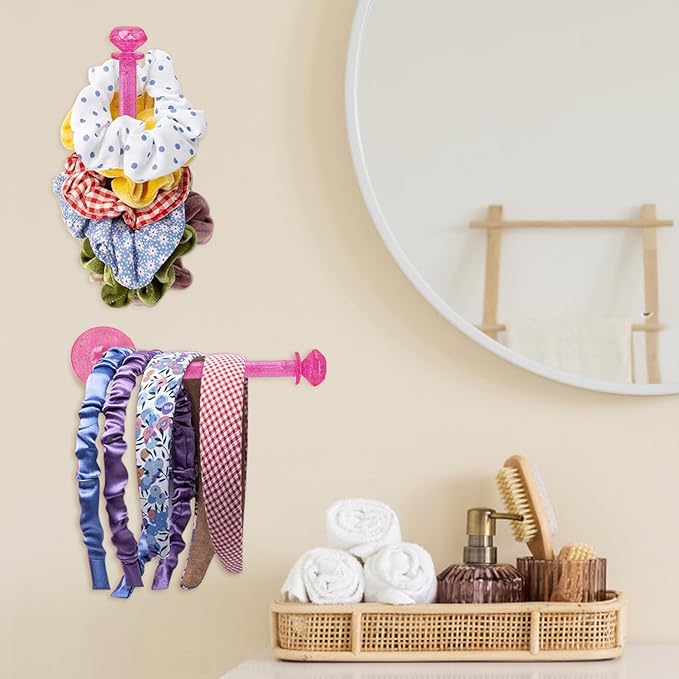 8Pcs Scrunchie Holder Stand Hai Tie Organizer, Girls Hair Accessories Organizer Storage for Headband Hairband Hair Ties, Acrylic Clear Glitter Adhesive Scrunchy Holder Scrunchie Tower Storage