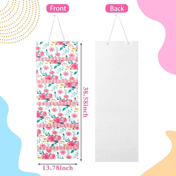 Tudomro Hanging Headband Holder for Girls Felt Hair Accessories Organizer with 60 Elastic Bands Bow Hanger for Girls Hair Bows Without Headbands(Floral,Pink, Green)