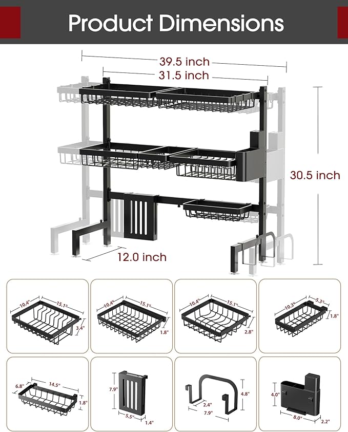 Over The Sink Dish Drying Rack - Adjustable 3 Tier XX-Large Capacity Stainless Steel Drainer with Cutlery & Utensil Holders, Kitchen Storage & Organization, 31.5"-39.5"L x 12"W x 30.5"H, Black