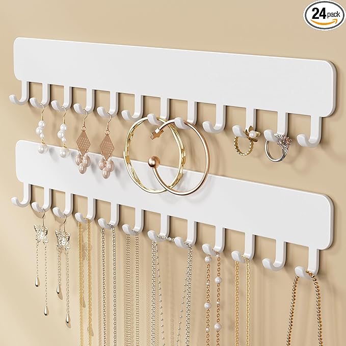 Wall-Mounted Jewelry Organizer, Self-Adhesive Hanging Holder with Hooks for Necklaces, Bracelets, Earrings - Display Storage for Women, 2PCS,White