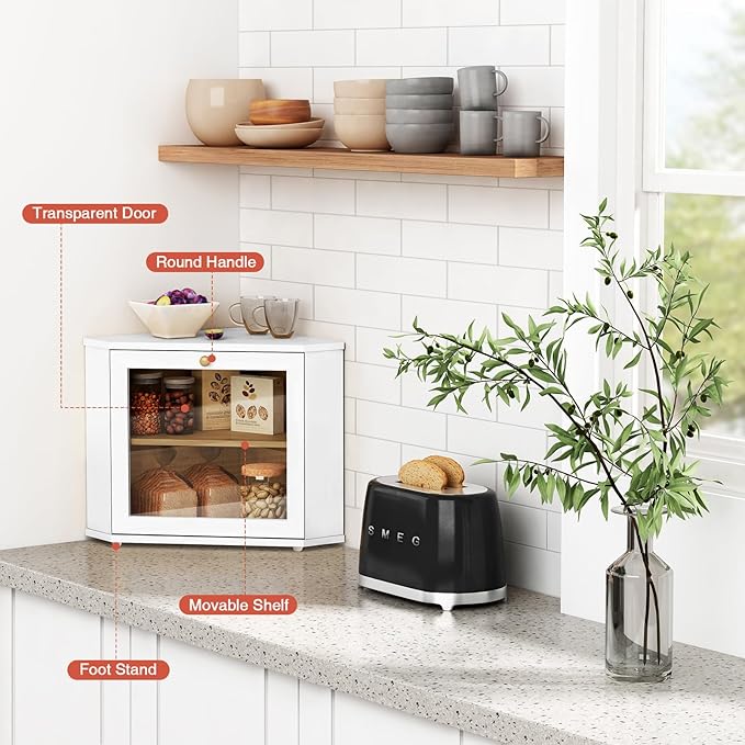 White Corner Bread Box for Kitchen Countertop, 2 Tier Breadbox for Sourdough Loaf, Modern Bread Storage Container for Island Counter Top Organizer, Cabinet Cupboard Pantry Shelf (Bamboo Wood)