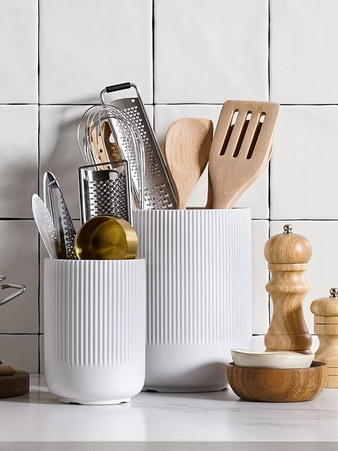 LE TAUCI Utensil Holder, 7.3"+5.4" Ceramic Kitchen Utensil Holder for Countertop, Large Cooking Utensil Crocks for Kitchen Counter Decor, Morden Utensil Organizer for Spatula, Set of 2, White