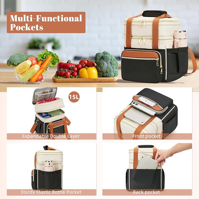Insulated Lunch Bag & Lunch Box for Women - Double Deck Reusable Lunch Bag for men Tote Cooler Bag Leakproof Soft Expandable - Large Lunchbox for Work/Adult/Picnic/Outdoor (Coffee Black，15L)