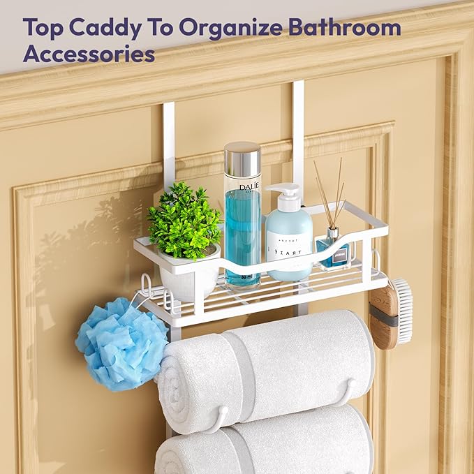 SWTYMIKI Over The Door Towel Rack - 9 Tier Towel Racks for Bathroom Wall Mounted, Towel Holder with Shelf, Hanging Rolled Towel Storage Organizer for Small Bathroom, Camper, RV, White