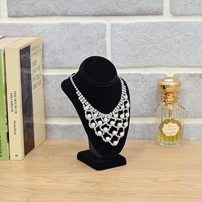 MOOCA 2-Piece Black Velvet Necklace Bust Display Set - Adjustable Hook - Jewelry Mannequin Stand for Necklaces & Chains up to 16-6 1/4 in H