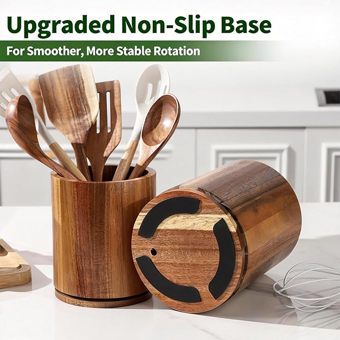 Wooden Utensil Holder, 360°Rotating 7.3'' Large Utensil Holder for Kitchen Counter, Kitchen Utensil Organizer, Utensil Crock, Farmhouse Kitchens Countertop Decor, Cherry