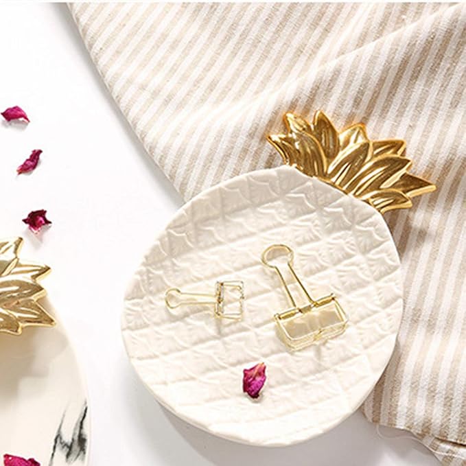 Ceramic Jewelry Pineapple Trays,Electroplated Golden Pineapple Plate,Home Decor Dish Wedding Birthday (White)