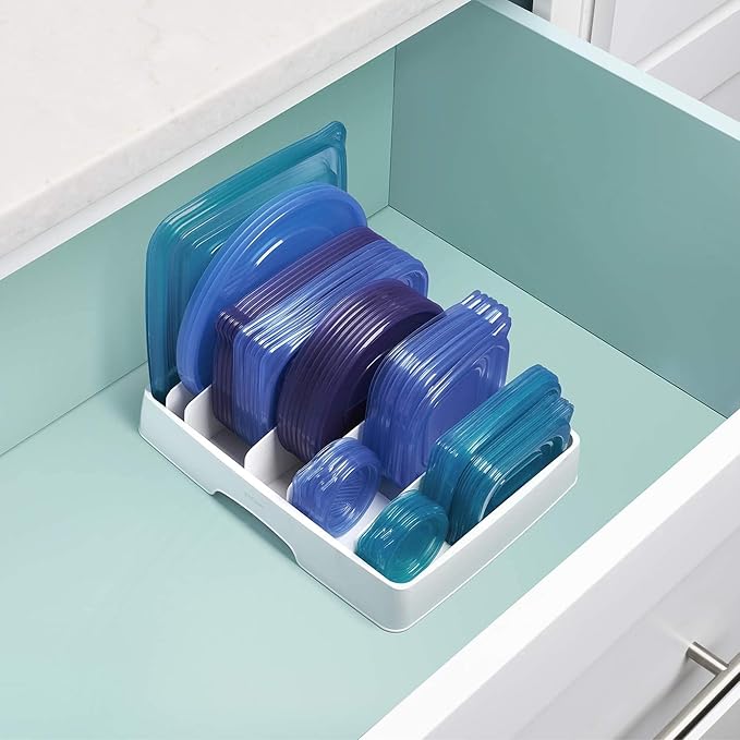 YouCopia StoraLid Food Container Lid Organizer for Kitchen Cabinet Storage with 5 Adjustable Dividers, 10.5''D × 13.4''W × 3.3''H, Large Classic Edition, White