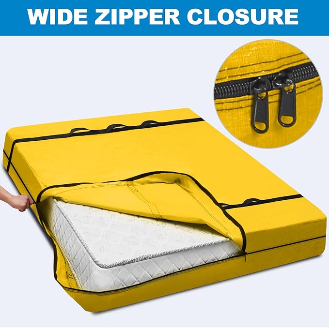 TICONN Mattress Bags for Moving, Heavy Duty Full XL Mattress Cover Storage Bag with Full-Around Handle and Adjustable Buckles (Yellow, Full XL)
