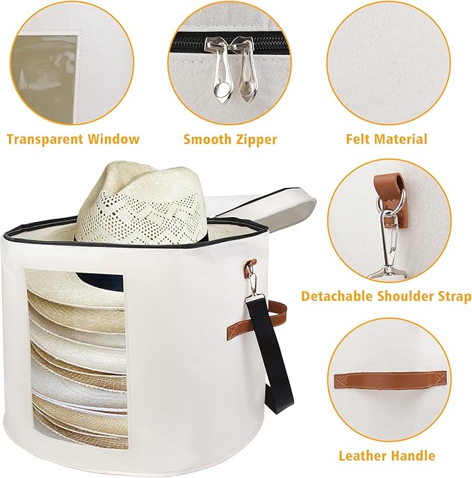 Large Hat Storage Box for Women & Men, 19" D x 17" H Oversized Hat Box Organizer，Foldable Round Travel Hat Boxes with Dustproof Lid, Stuffed Toy Storage Bin Bag (Off-white)