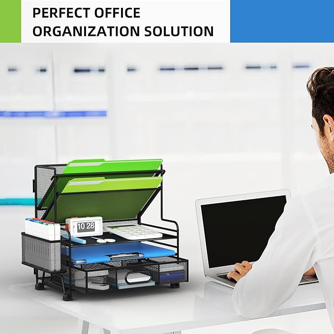 4-Tier Paper Organizer + 3-Pocket File Holder, Desktop File Organizers Paper Tray for Office School Classroom Workspace Organization (Black Desk Organizer)