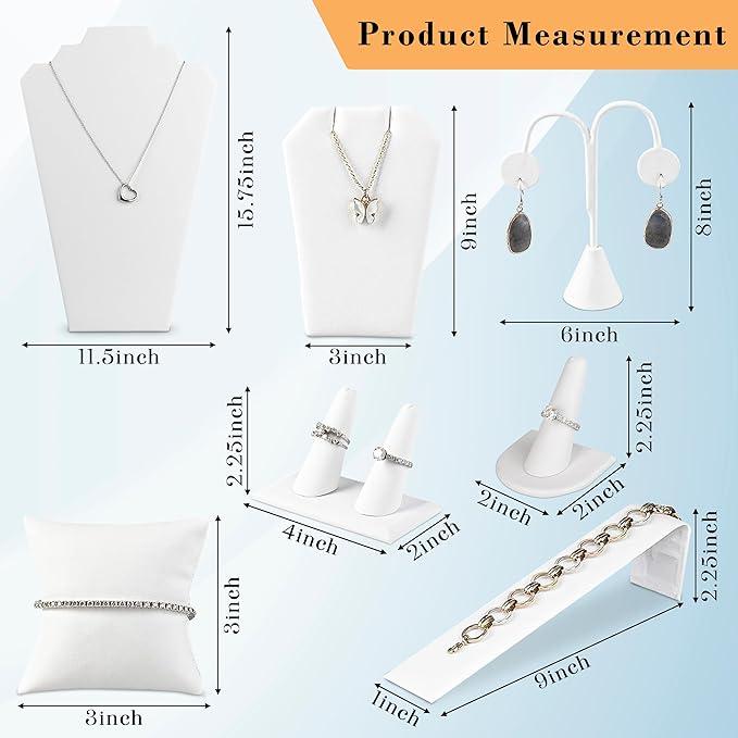 Novel Box White Leatherette 11 Pieces Jewelry Display Set for Necklaces, Bracelets, Rings, Earrings, Pendants & Watches - Jewelry Displays Sets for Selling or Personal Use