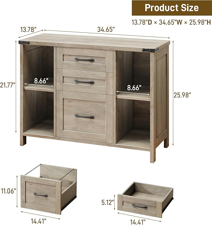 3 Drawer File Cabinet, Farmhouse Lateral Filing Cabinet Fits File Letter or A4 Size, Wooden Printer Stand with Open Storage Adjustable Shelf for Home Office, Grey