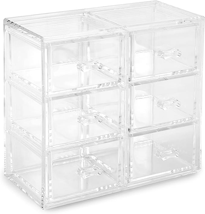 Huang Acrylic Stackable Upright 6-Drawer Jewelry Organizer Crystal Clear Acrylic | Makeup Jewelry Accessories Cosmetic Countertop Storage Display 3.15 x 5.75 x 6.75 inches | Shatter-proof Design