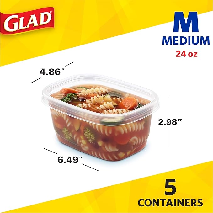 Glad GladWare Medium Rectangle Food Storage Containers with Lids, Airtight Leak-Resistant Plastic Containers for Soup Salad Meal Prep, Microwave Dishwasher Freezer Safe, 24 Oz, 5 Count