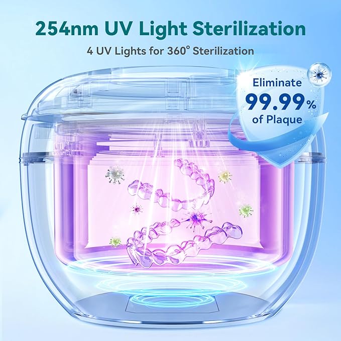 Dental Ultrasonic Retainer Cleaner Machine: 45kHz Dental Cleaning Pod for Denture, Mouth Guard, Night Guard, Aligner, Braces, Toothbrush Head & Jewelry, UV Cleaner with Digital Timer & 4 Modes, Pink