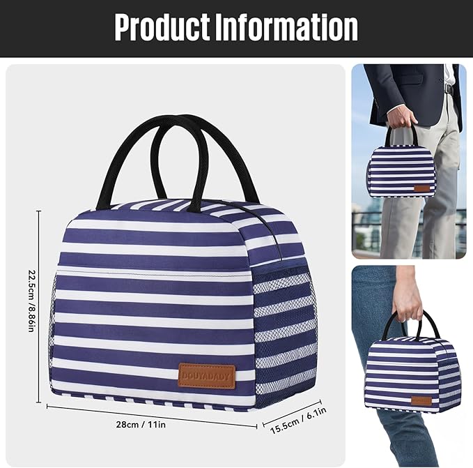 Lunch Bag Women/Men Lunch Box Women/Men (Dark blue+White Stripes)