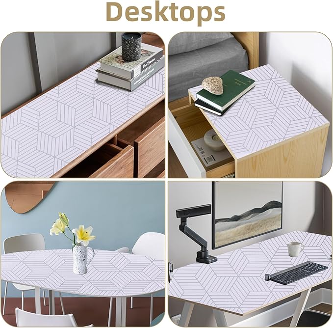 Shelf Liners for Kitchen Cabinets 12in x 10FT, Non Adhesive Cabinet Liner Strong Non-Slip Thickened Silver Geometric Easy to Clean for Shelf, Cabinet, Refrigerator with Knife and Tape Measure