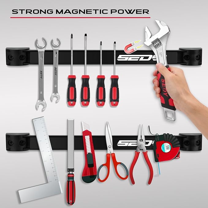 SEDY Magnetic Tool Holder Storage Organizer: 7-Piece Garage Wall Mount Rack Organization Strip Power Magnet Organizers Mounted Workbench Board Slatwall Van Hanger