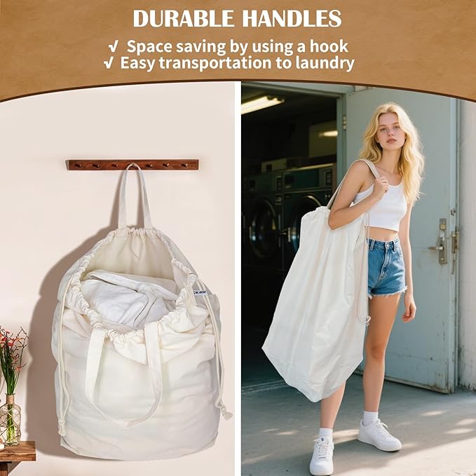 Canvas Laundry Bags with Handles & Rectangular Base, 20"Lx15"Wx27.6"H Extra Large Heavy Duty Laundry Basket Hamper Liner Replacement, Washable Canvas Drawstring Dirty Clothes Bag