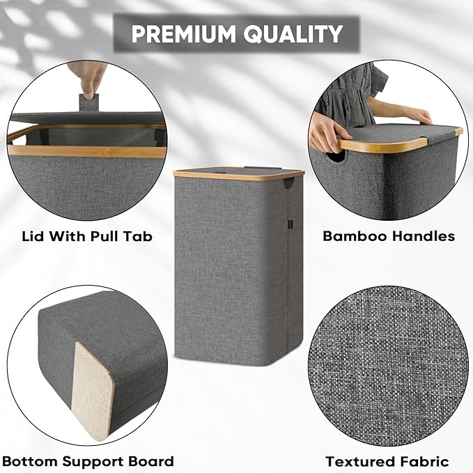 BALEINE Laundry Hamper with Lid, Tall Laundry Baskets with Bamboo Pull Handles, Large Laundry Bin with Internal Support (26 Gal/100L, Grey)