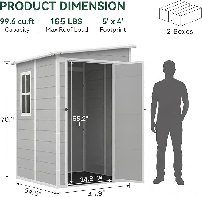 Devoko 5x4 FT Plastic Outdoor Storage Shed with Floor, Waterproof Resin Garden Shed with Lockable Door, Outside Tool Shed for Backyard, Patio, Lawn, Light Grey