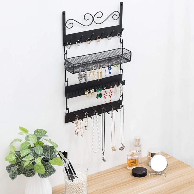 MyGift 4-Tier Wall Mounted Black Metal Hanging Jewelry Organizer with 18 Hooks, Earring Holder and Necklace, Bracelet Display Rack