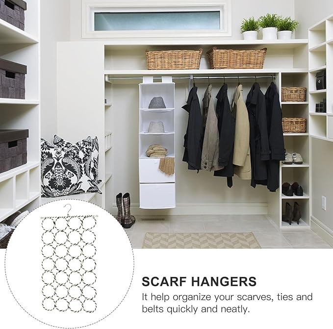 Multi-Loop Scarf Hanger Rack 28 Rings Paper Rattan Iron Scarf Holder Organizer for Closet Tie and Shawl Storage, Space-Saving Clothing Accessory Organizer Random Color