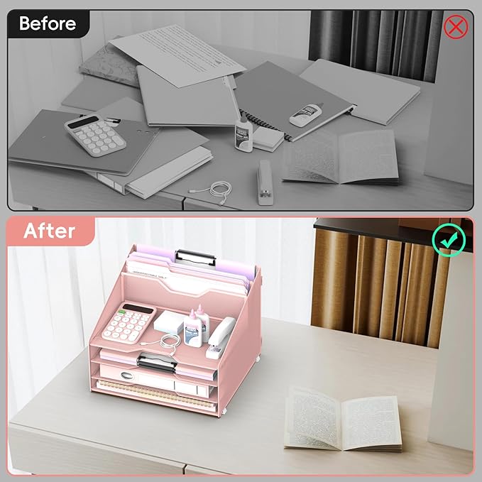Desk File Organizer, Paper Organizer with 4 Letter Trays and 2 Vertical Upright Sections, Desk Organizers and Accessories for Office, School, Home (Pink)