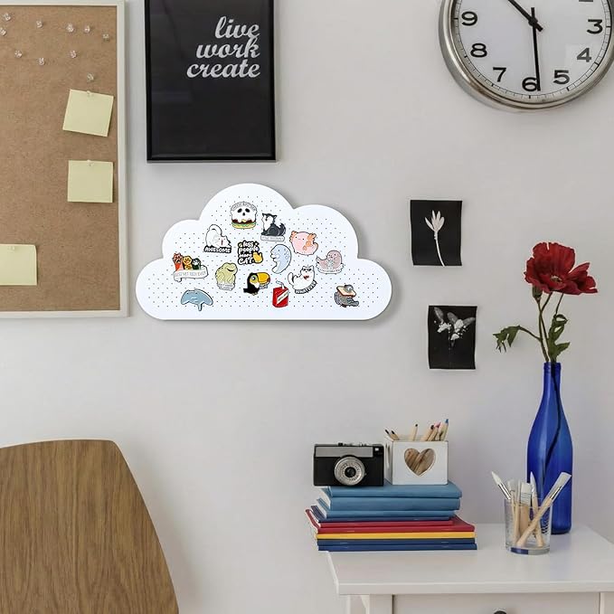 Novabright Cloud Pin Display Board 11"x 6" White Wooden Enamel Pin Pegboard with Stand Brooch Earrings Tabletop Pins Storage Board Holder Organizer Display Storage Gift for Office Deck Wall Home