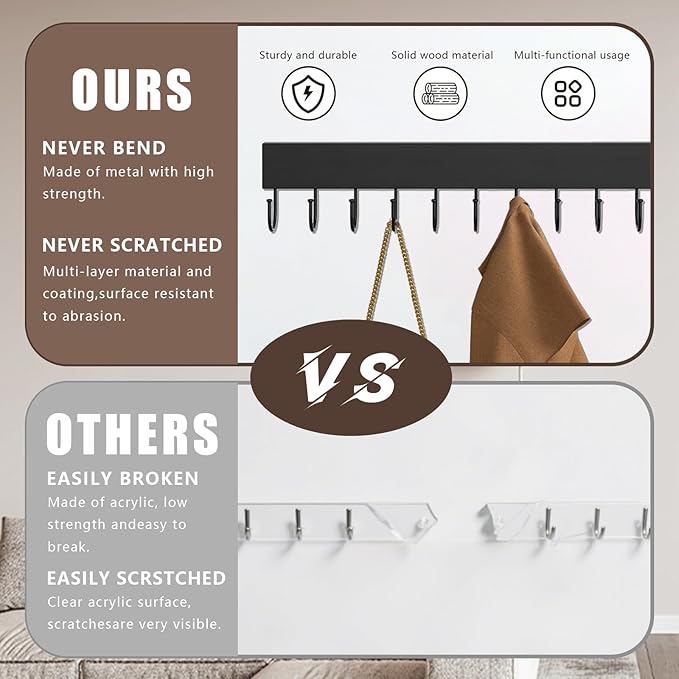 2-Pack Wall-Mounted Necklace Organizer,Wooden Jewelry Hanger with 24 Hooks,Self-Adhesive Jewelry Organizer and Storage,Necklace Holder Wall Mount