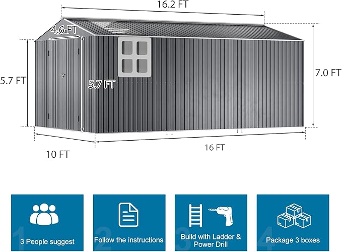 10x16 FT Metal Outdoor Storage Shed,Unique Clear Roof Window Lockable Double Door Air Vent Heavy Duty Reinforced Frame Waterproof Sheds for Garden Yard Large Lawnmower Tool,Dark Grey