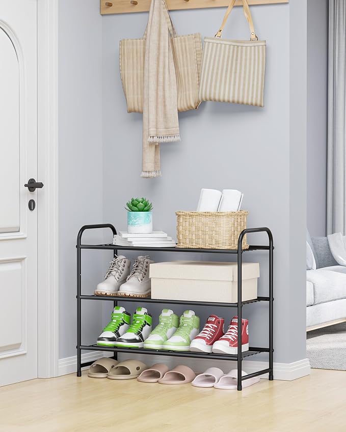 Kitsure Shoe Rack - Stainless Steel Shoe Organizer, Sturdy Shoe Rack for Closet and Front Door Entrance, Free Standing Shoe Shelf, Closet Organizers and Storage, 25.6" Wide - 3 Tier, Black