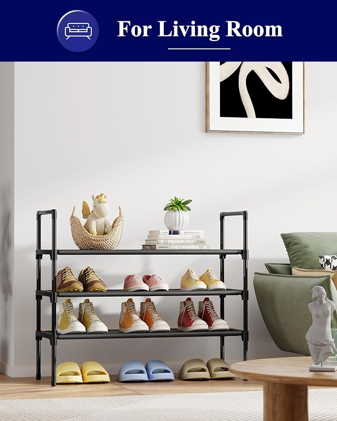 Kitsure Shoe Rack - 3-Tier Shoe Organizer, Shoe Rack for Closet, Entryway, Bedroom, Easy- Assembly Storage Shelf with Side Handles, 27.6" Wide - 3 Tiers, Black