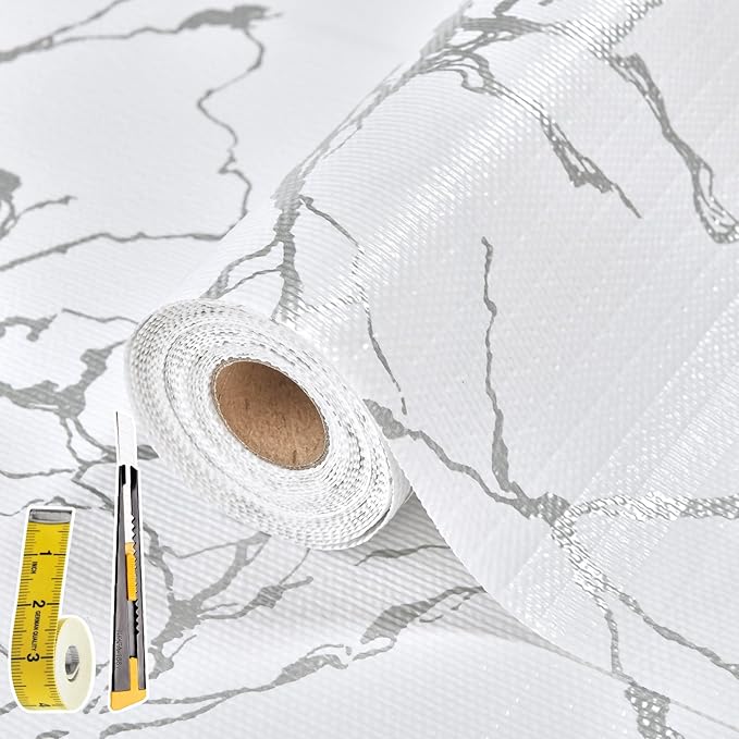 Drawer and Shelf Liner for Kitchen Cabinet: 23.6 in X 20 Ft Non Slip Waterproof Shelf Paper Non Adhesive Refrigerator Liners Silver Marble Easy Liners for Bathroom with Knife Tape Measure