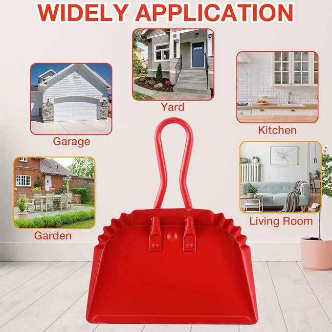 Mumufy 2-Pack Heavy Duty Stainless Steel Red Dustpan - 12" Wide Metal Edge for No-Leak Sweeping, Rust-Resistant for Home Garage Studio Courtyard Indoor Outdoor
