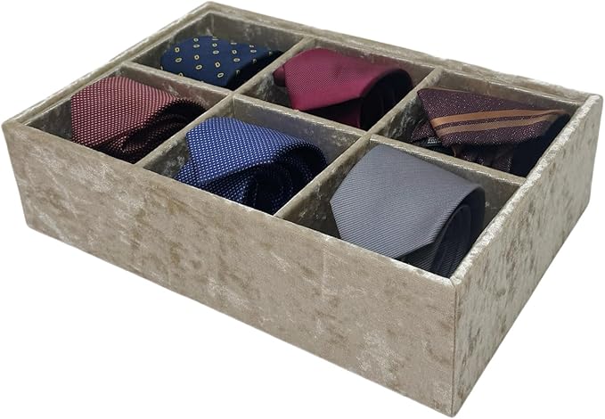 AgentMoon Luxury Velour Ties Storage Organizer with 6 Compartments,Dresser Drawer Wardrobe Storage Box for Headscarf and Belts,Bras, Bow Ties,Ribbons.12 x 8 x 3 inches. (Beige)