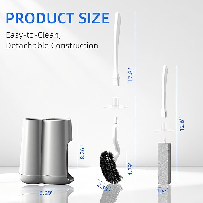 Toilet Brush and Holder Set with Pumice Stone – Long Handle Toilet Bowl Brush, Anti-Splash Scrubber, Ventilated Drip-Free Base, Deep Cleaner for Hard Water Stains, Limescale, Toilet Rings, Grey