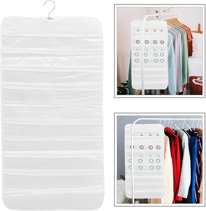Double-sided Hanging Jewelry Organizer Bag 80 Compartments, White Dustproof Storage Holder for Necklaces, Earrings, Bracelets, Wall-mounted Accessory Organizer for Home