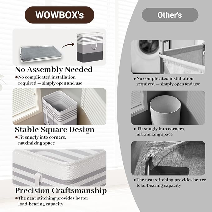 WOWBOX 2 Pack Laundry Hampers Baskets, Freestanding Dirty Clothes Hampers with Reinforced Handles & Cross Stitch & Waterproof Coating, for Laundry Bedroom Bathroom, 2 x 100L