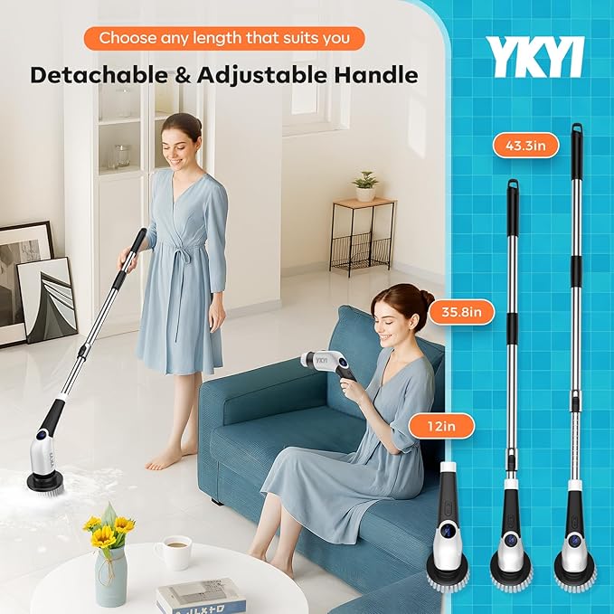 YKYI Electric Spin Scrubber-Cordless Power Scrubber with 8 Brush Heads, 3 Speeds & Adjustable Long Handle, IPX7 Waterproof Shower Cleaning Brush for Bathroom Tile, Bathtub, Grout, Kitchen(Matte White)