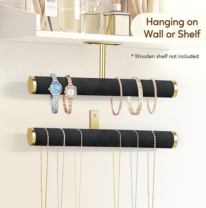 Velvet Necklace Holder Wall Jewelry Organizer, 12" Hanging Necklace Organizer, 2 Pack Wall Mounted Necklace Hanger for Bracelets Bangles Display,Black