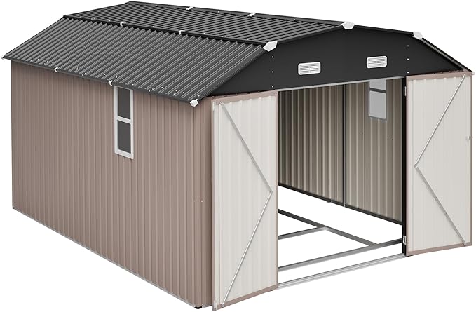 10×12 FT Outdoor Storage Shed,Heavy-Duty Metal Shed with Floor Base,All Weather Waterproof Tool Shed W/Diamond Roof & Windows,Lockable Double Door & 4 Air Vents,for Backyard,Patio,Lawn,Brown