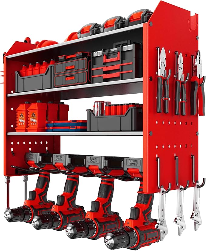 Wall Organizer for Power Tool Storage, Garage Tool Organizer with 4 Holders for Cordless Tools.With Hooks tool Hangers for Garage Wall.Red