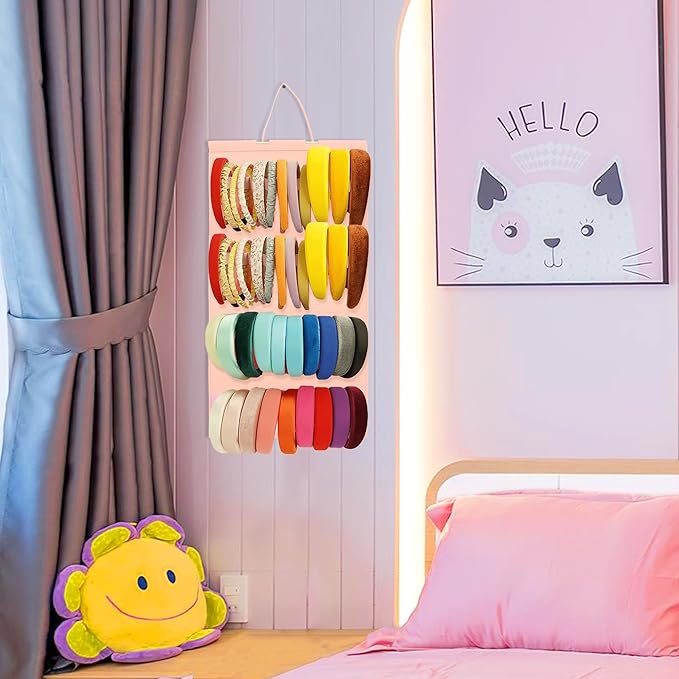 Hanging Headband Holder for Girls Women, Headband Organizer with 40 Elastic Slots, Felt Headband Storage Organizer, Head Band Hair Accessories Organizer (Pink, Without Headbands)
