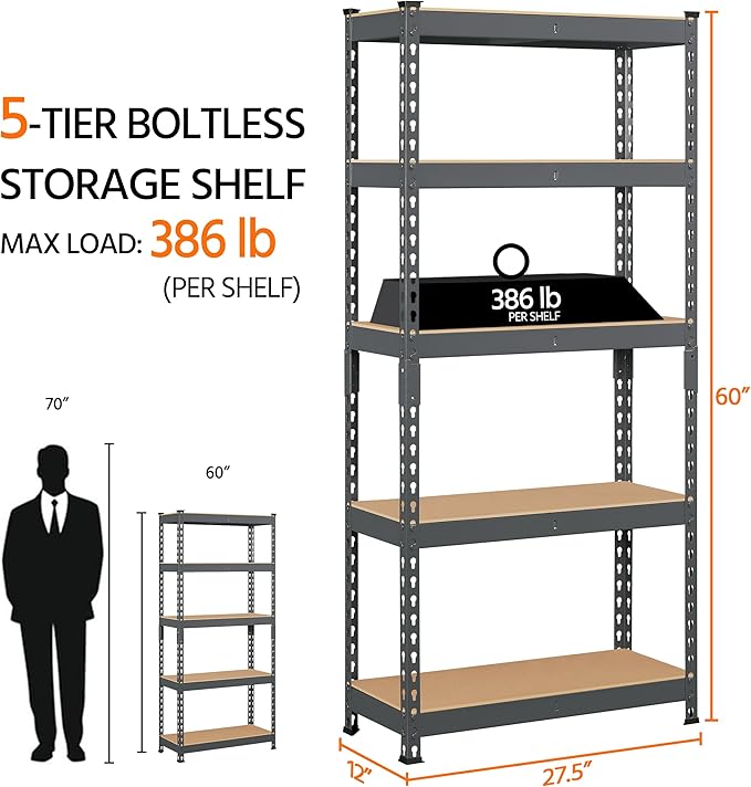 Topeakmart 5-Tier Utility Shelves, Metal Storage Shelves, Adjustable Shelving Units, Boltless Assembly, Garage Shelves Shed Shelving for Warehouse Garage Shed Basement- Dark Gray, 27.5 x 12x 60 Inch